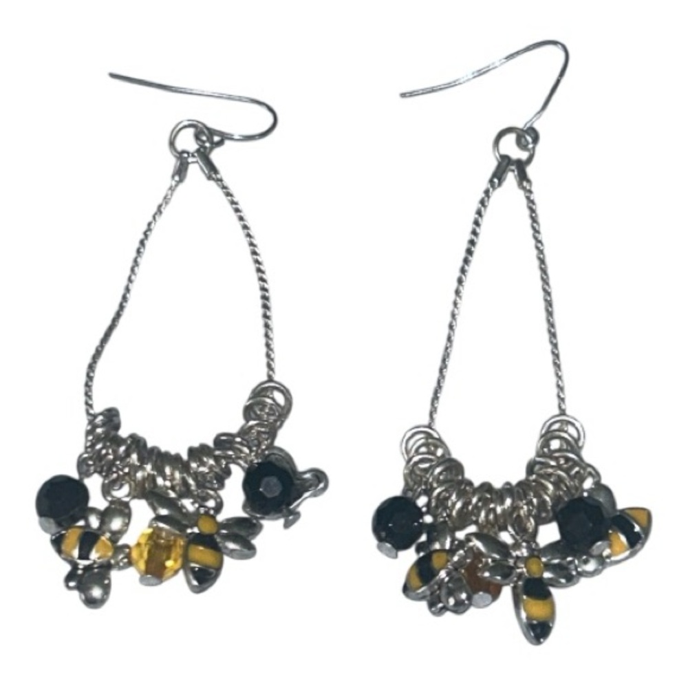 Silver Tone Fashion Dangle Drop Earrings Beaded Bumblebee Bees Yellow Black GUC